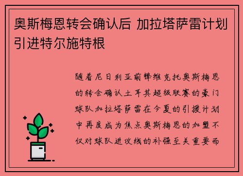 奥斯梅恩转会确认后 加拉塔萨雷计划引进特尔施特根