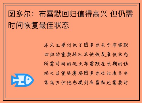 图多尔：布雷默回归值得高兴 但仍需时间恢复最佳状态