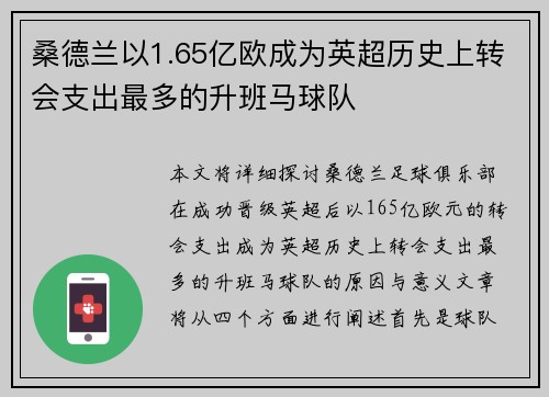 桑德兰以1.65亿欧成为英超历史上转会支出最多的升班马球队